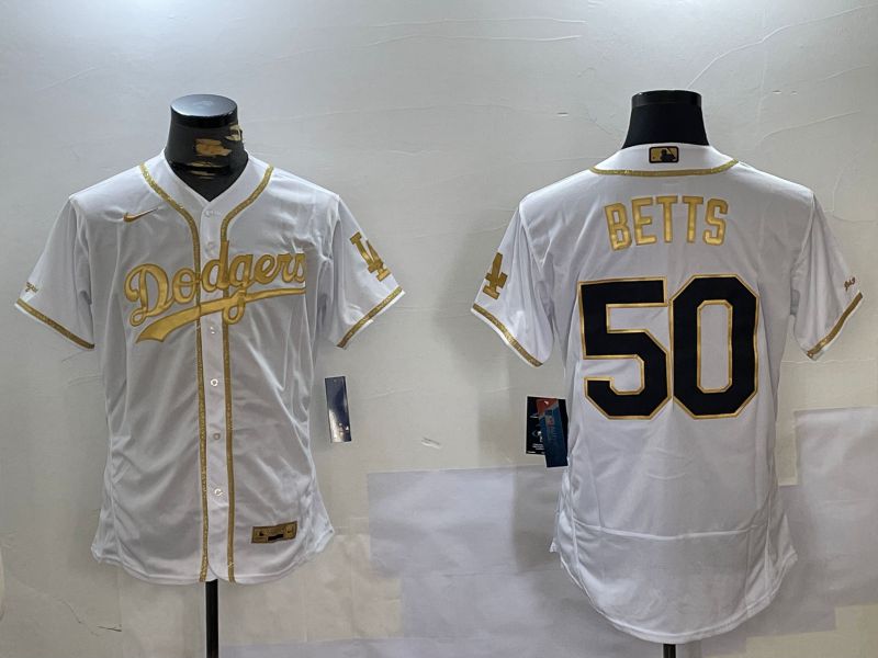 Men Los Angeles Dodgers #50 Betts White Gold Elite 2024 Nike MLB Jersey style 1